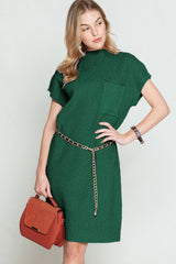 Blackish Green Patch Pocket Knit Short Sleeve Sweater Dress