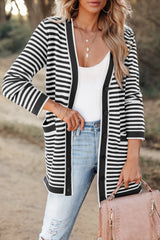 Black Striped Pocketed Button Long Cardigan