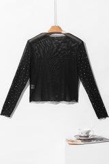 Black Rhinestone Mesh Mock Neck Top