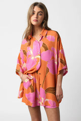 Russet Orange Floral Print Loose Shirt and Shorts Set