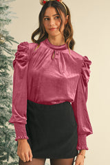 Red Mock Keyhole Neck Puff Sleeve Velvet Blouse