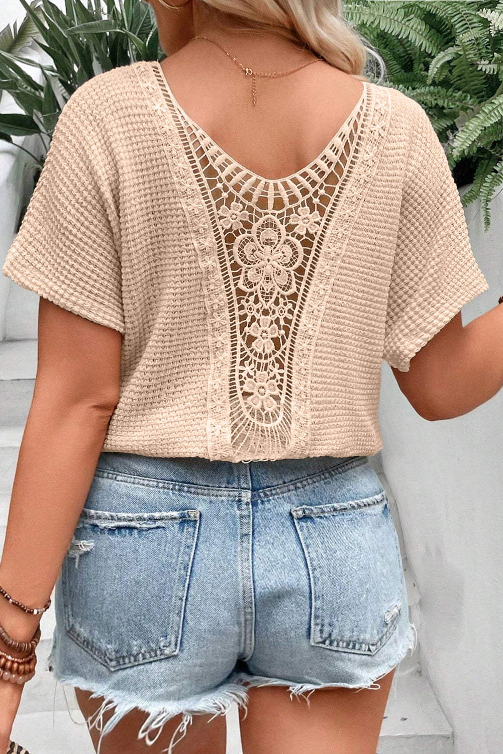 Beige Hollowed Lace Applique Plus Size Waffle T Shirt