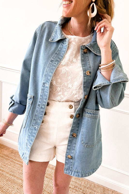 Dusk Blue Side Pocket Buttons Denim Jacket