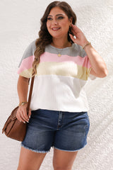 White Ribbed Color Block Patchwork Plus T Shirt