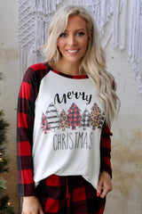 Red Plaid Merry Christmas Casual Top & Pants Loungewear Set