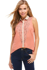 Contrast collar embroidery sleeveless shirt top