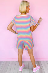 Pink Stripe Crew Neck Tee & Tassel Drawstring Shorts Set