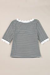 Black Striped Contrast Scallop Trim Half Sleeve T-shirt