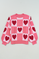 Pink Plus Size Heart Colorblock Mock Neck Lantern Sleeve Sweater