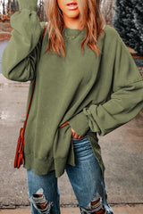 Khaki Plain Drop Shoulder Ribbed Trim Oversized Sweatshirt