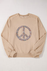 Pale Khaki Floral Peace Graphic Washed Plus Size Sweatshirt