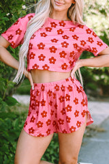 Rose Floral Print Crop Tee and Slits Shorts Pajama Set