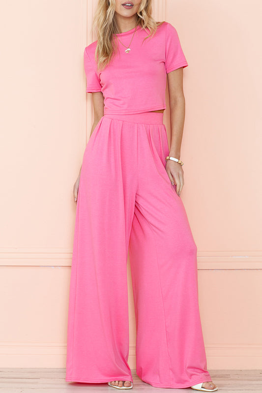 Strawberry Pink Plain Slim Fit Crop Top And Wide Leg Pants Set