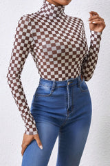 Black Checkered Print Long Sleeve Mock Neck Bodysuit