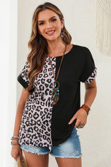 Black Leopard Print Color Block Rolled Up Sleeve Casual T Shirt