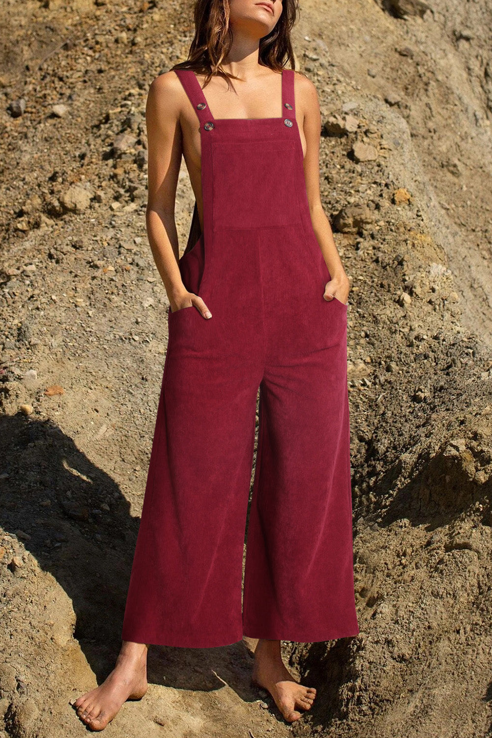 Red Corduroy Side Pockets Wide Leg Overall