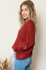 Red Solid Color Exposed Seam Long Sleeve Top