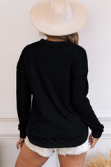 Black Crew Neck Ribbed Trim Knit Long Sleeve Top