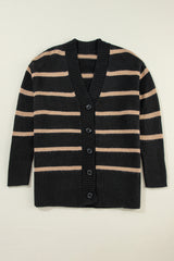 Black Stripe Buttoned V Neck Drop Shoulder Loose Cardigan