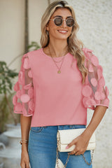 Dusty Pink Applique Mesh Splicing Sleeve Blouse