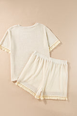 Laurel Green Fringe Trim Waffle Knit Textured Shorts Set