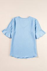 Beau Blue Ruffled Short Sleeve V Neck Textured Blouse