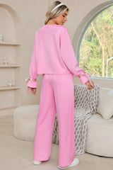 Bonbon Knot Cuffs Long Sleeve Pullover and Wide Leg Pants Set