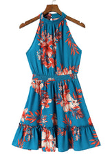 Sky Blue Floral Print Sleeveless Ruffled Mini Dress