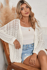 Black Hollow Out Crochet Knit Drop Shoulder Open Front Cardigan