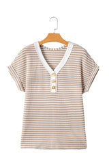 Khaki Striped Button Front V Neck Knitted Top