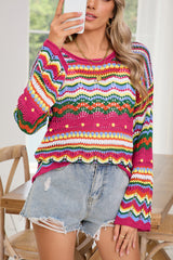 Rose Red Colorblock Striped Hollowed Knit Loose Sweater