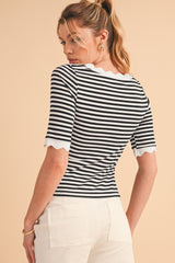 Black Striped Contrast Scallop Trim Half Sleeve T-shirt