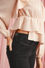 Oatmeal Elegant Satin Ruffle Long Sleeve Blouse