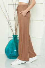 Brown Casual Drawstring Shirred Elastic Waist Wide Leg Pants