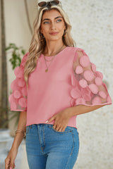 Dusty Pink Applique Mesh Splicing Sleeve Blouse