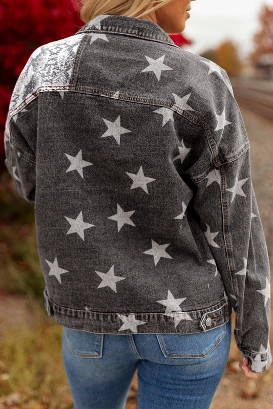 Black Star Snakeskin Printed Patchwork Denim Jacket