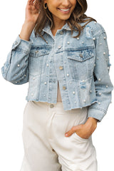 Sky Blue Pearls Beading Cropped Denim Jacket