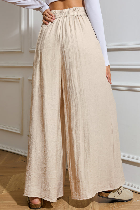 Beige Casual Lace-up Waist Pleated Wide Leg Pants