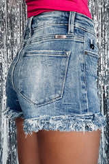 Blue Raw Hem High Waist Skinny Denim Shorts