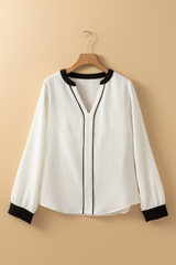 White Colorblock Edge Long Sleeve V Neck Textured Blouse