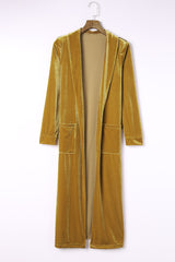 Green Velvet Elegant Pocket Open Front Long Cardigan