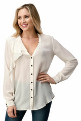 Ruffled Neck Button Front Shirts With Long Sleeves