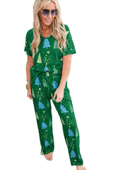 Rose Christmas Tree Print V Neck Tee and Pants Lounge Set