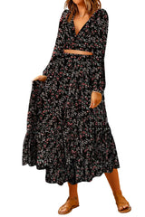 Black Floral Print V Neck Cropped Top Midi Skirts Set