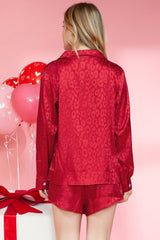 Red Leopard Satin Long Sleeve Top & Shorts Loungewear Set