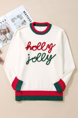 White Holly Jolly Colorblock Trim Drop Shoulder Plus Size Sweater