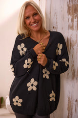 Black 60s Vintage Flower Drop Shoulder Cardigan