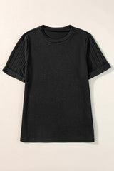 Gray Ribbed Splicing Short Sleeve Round Neck T-shirt