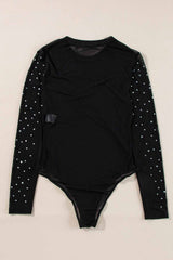 Black Rhinestone Sheer Mesh Slim Fit Bodysuit