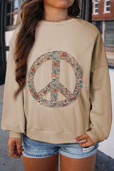 Pale Khaki Floral Peace Graphic Washed Plus Size Sweatshirt